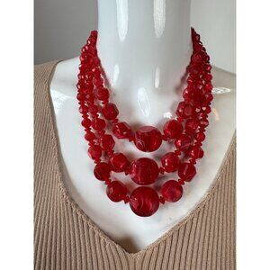Vintage Triple-Strand Red Lucite Beaded Necklace With Brass Findings & Hook Clas